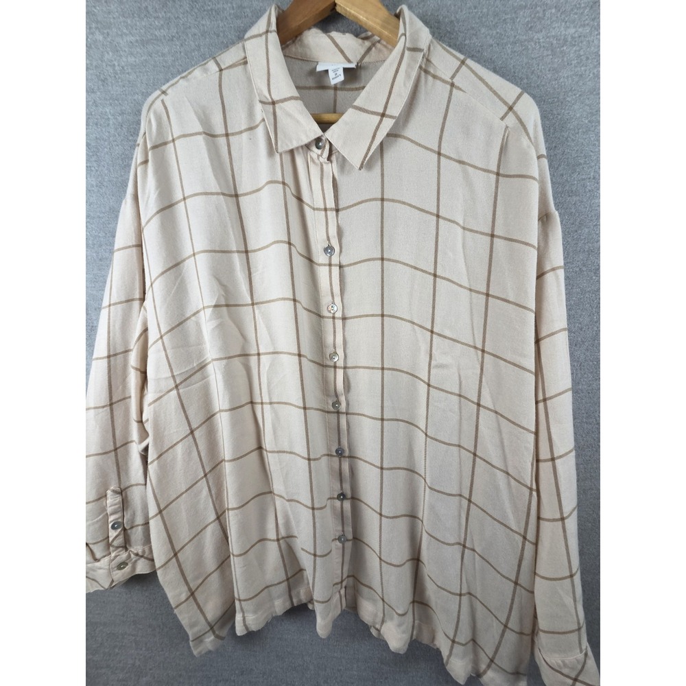 J Jill Windowpane Shirt 3X Button Up Cream Brown Lightweight Flowy Career Preppy